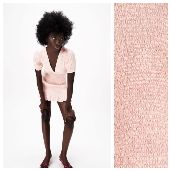 🌹NWT. Zara Pink/White Floral Print Textured Mini Dress. Size M. - Picture 2 of 10